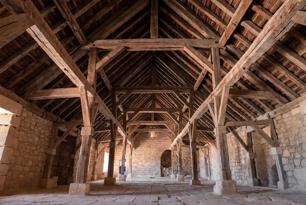 Historic timber hall with a hammer beam roof opening above a large stone interior.