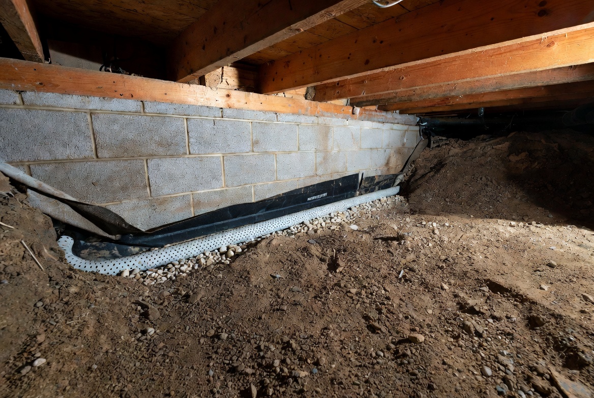 Interior crawl-space perimeter drain with wall liner, gravel, and perforated pipe.