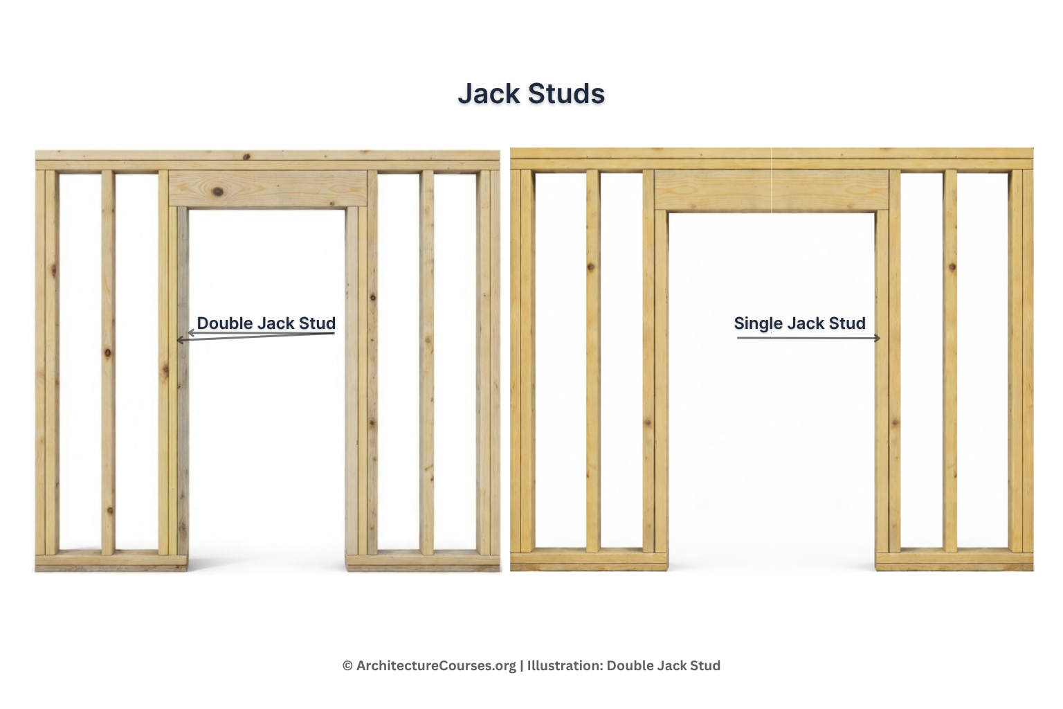 Comparison of single jack stud and double jack stud framing at a door opening.