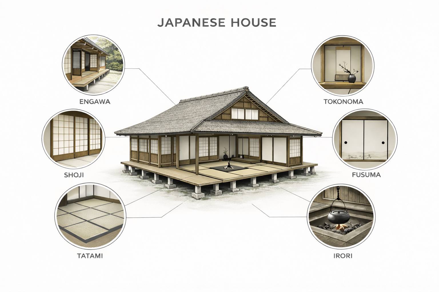 Traditional Japanese house diagram with engawa, shoji, tatami, tokonoma, fusuma, and irori.