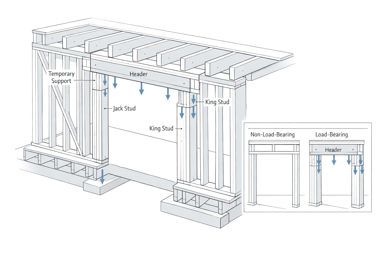   Load-bearing wall opening detail with header, jack studs, king studs, and temporary support.