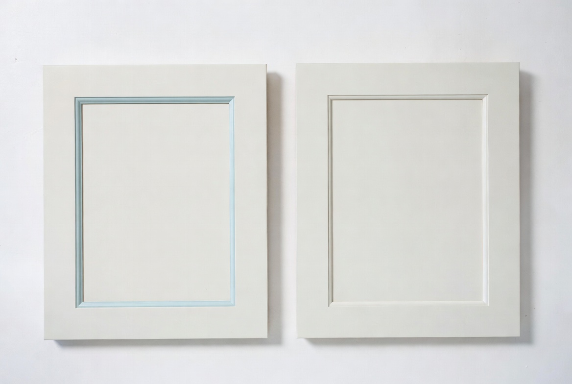 Painted cabinet door fronts with two simple routed profiles shown side by side.