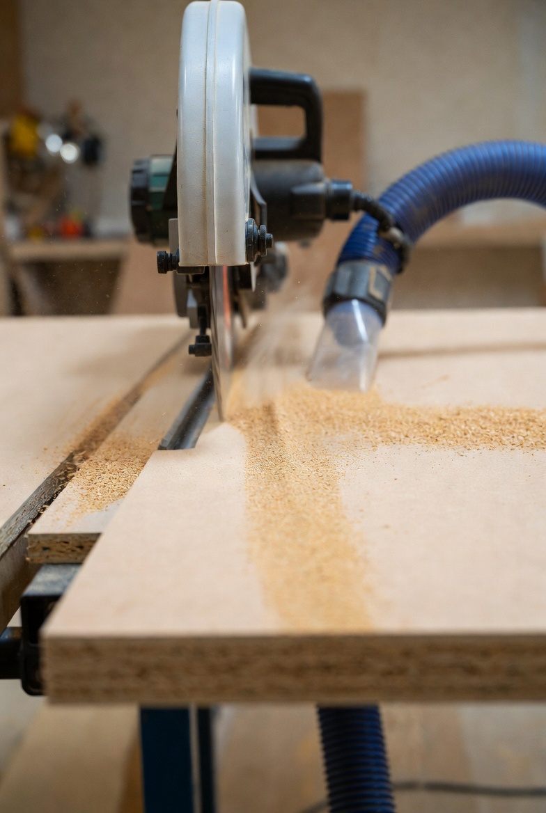 MDF sheet being cut with a circular saw and dust extraction hose attached.