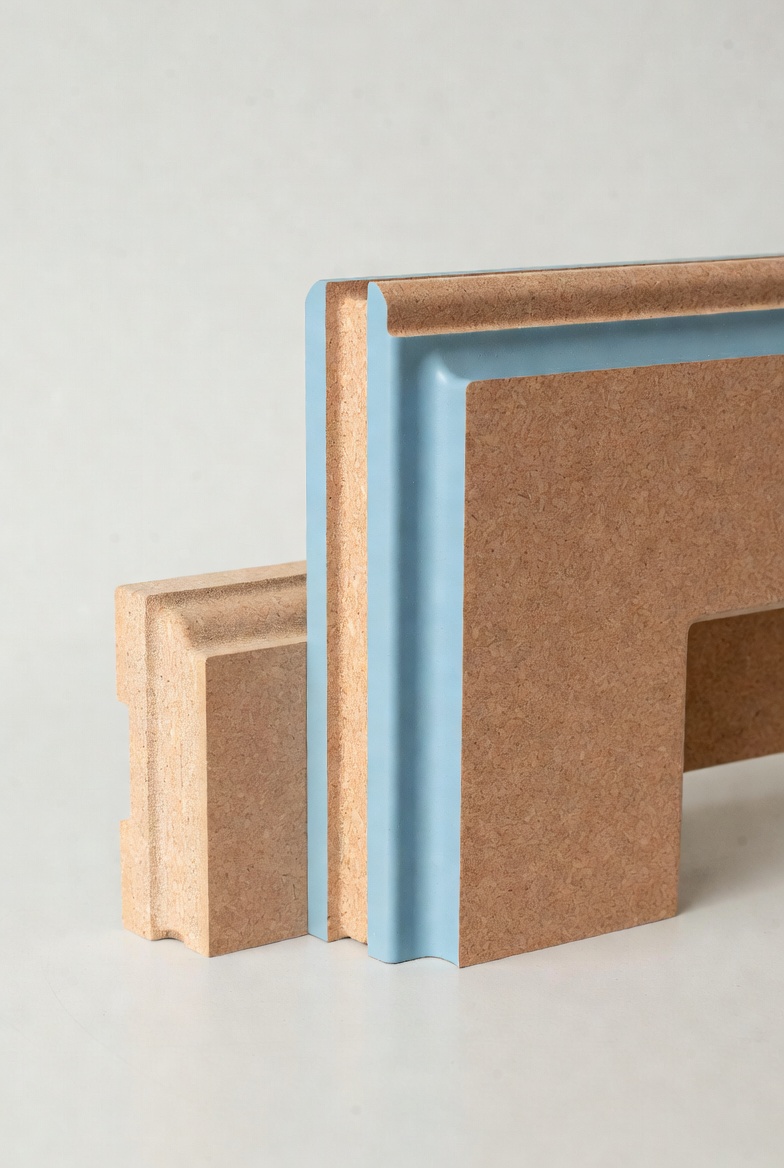 Routed MDF profile samples with raw machined edges and one painted blue profile.