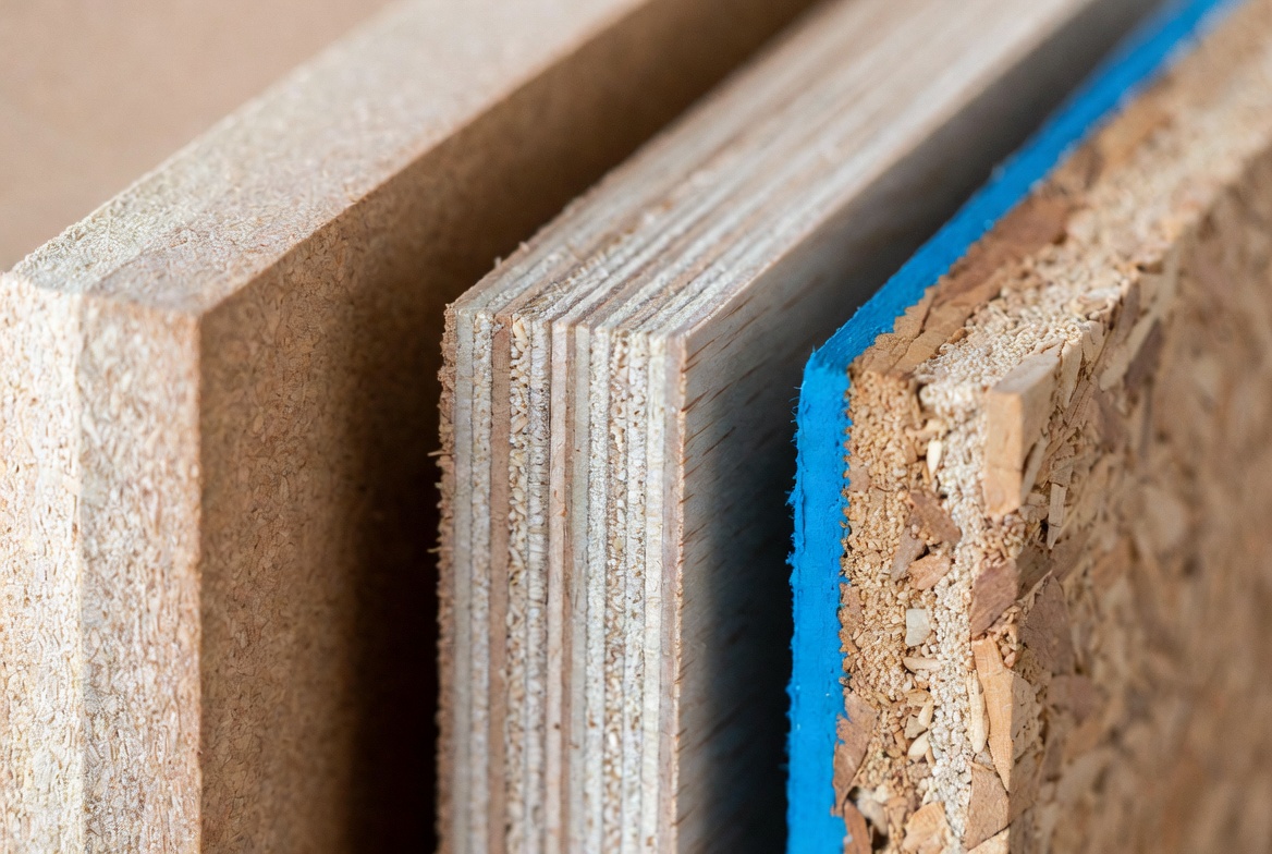 Edge comparison of MDF, plywood, and particleboard panels shown side by side.
