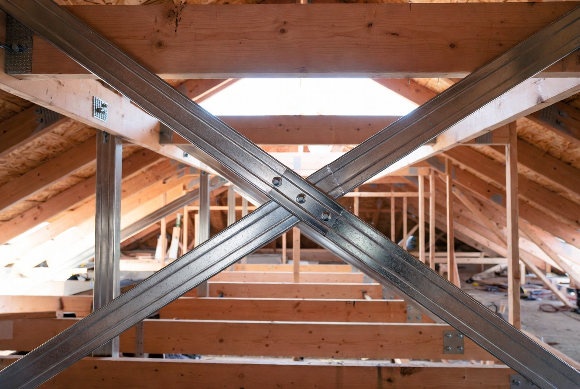 Metal cross-bracing installed in a wood attic roof frame for added lateral stiffness.