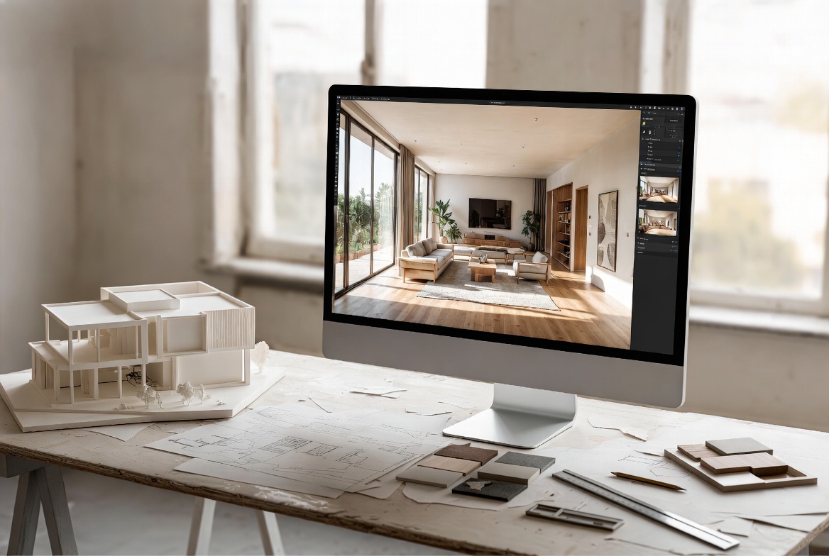 Minimal rendered study room with soft side light, pale walls, wood floor, and simple desk.