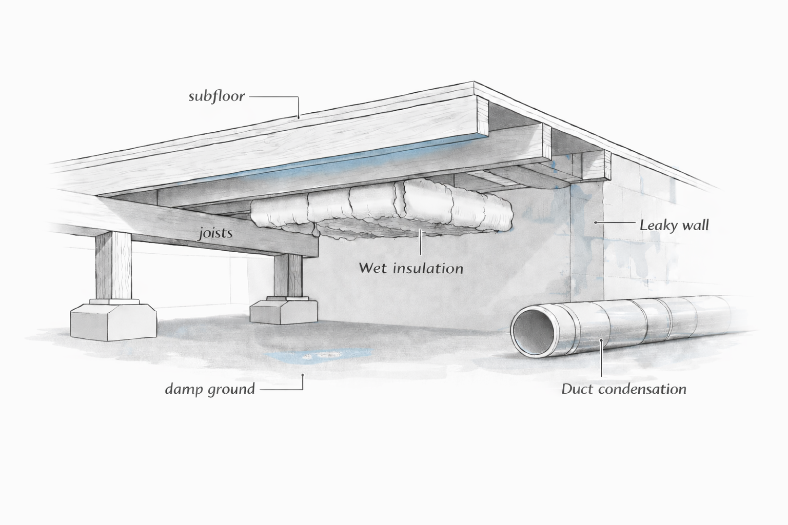 Crawl-space diagram showing common mold-start zones beneath a subfloor.