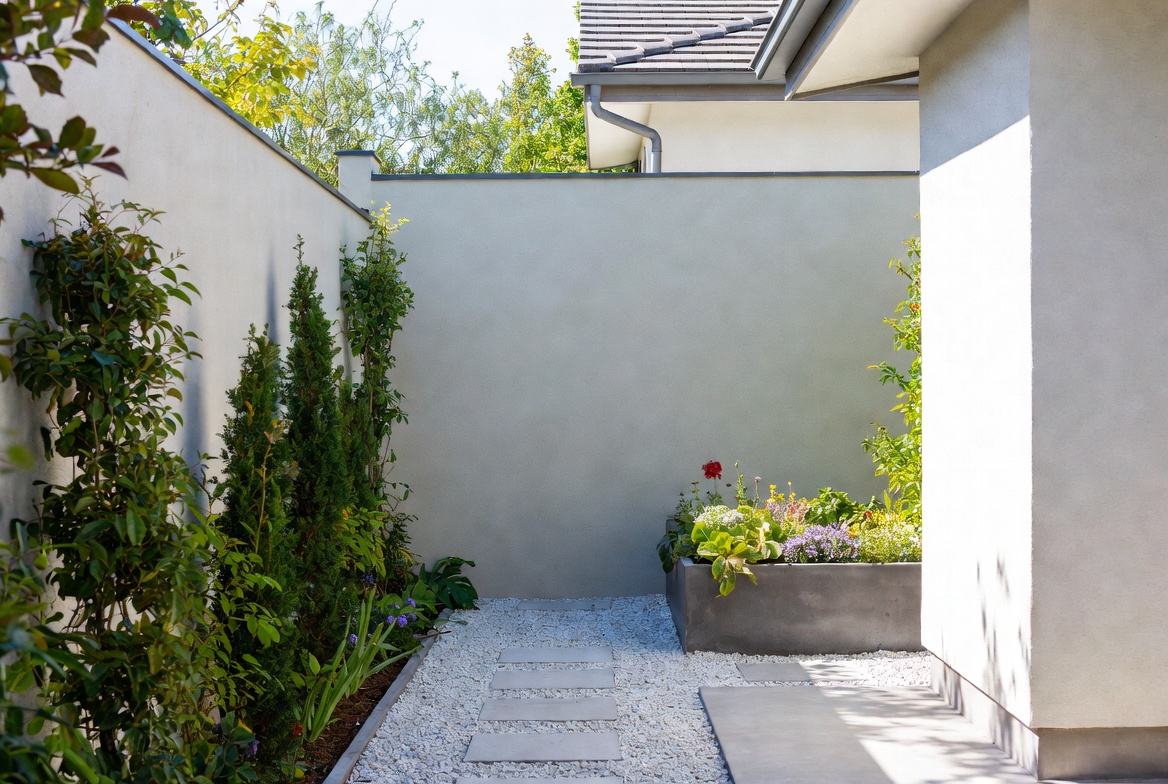 Narrow small-home garden with stepping stones, gravel path, and restrained planting along the walls.