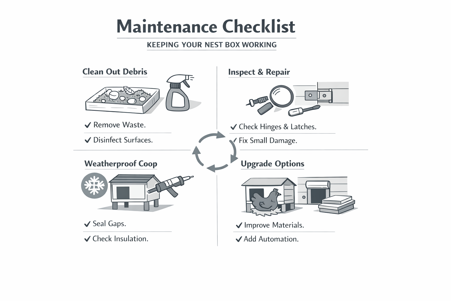 Maintenance checklist diagram for a DIY roll-away chicken nest box.