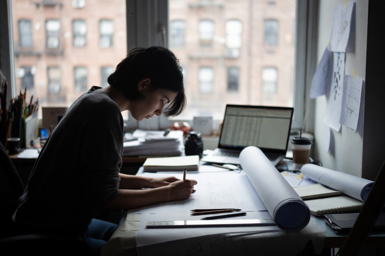 Entry-level architecture worker drawing at a desk near a New York City window.