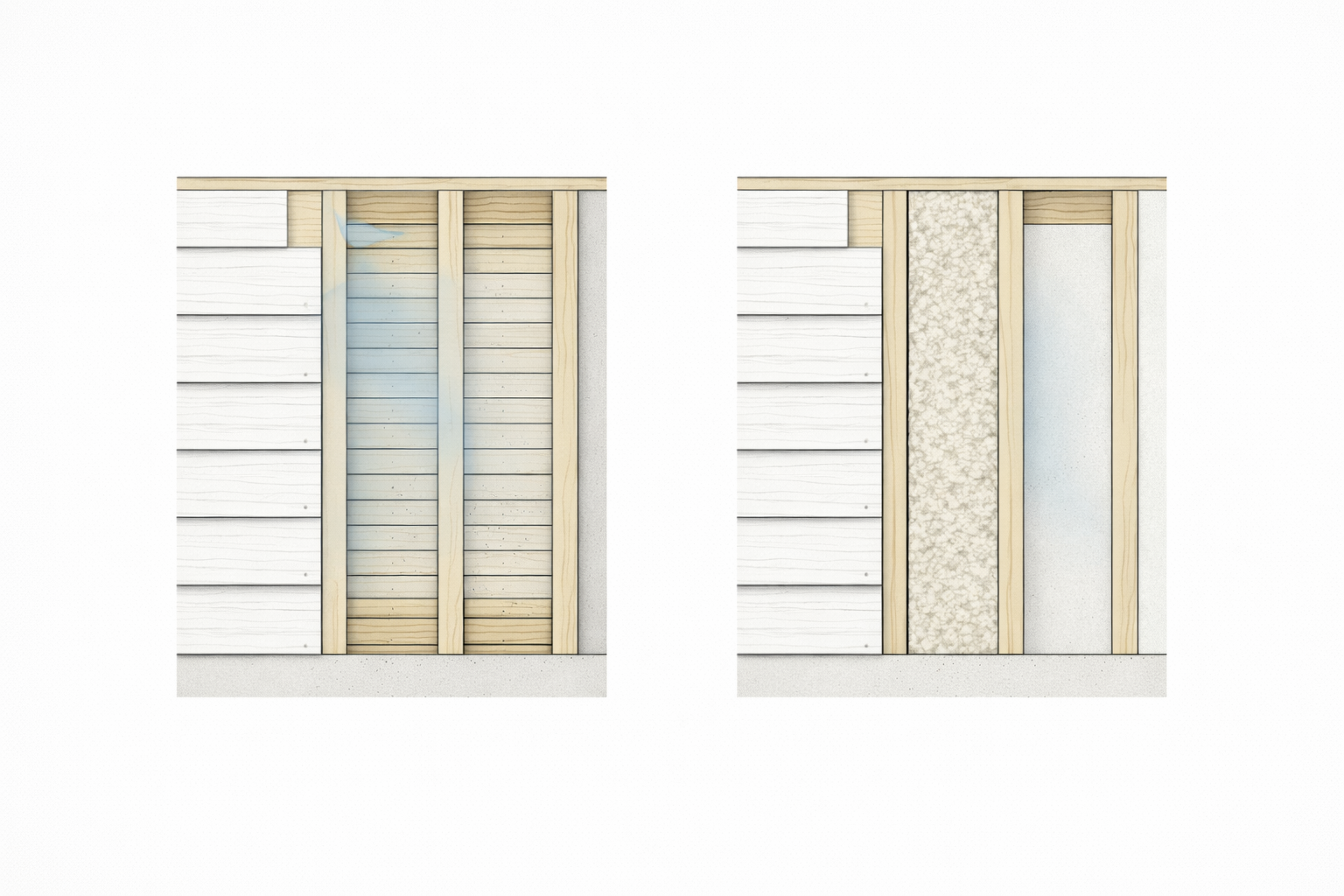 Side-by-side section comparison of a 1910s vapor-open exterior wall and a later insulated retrofit wall.
