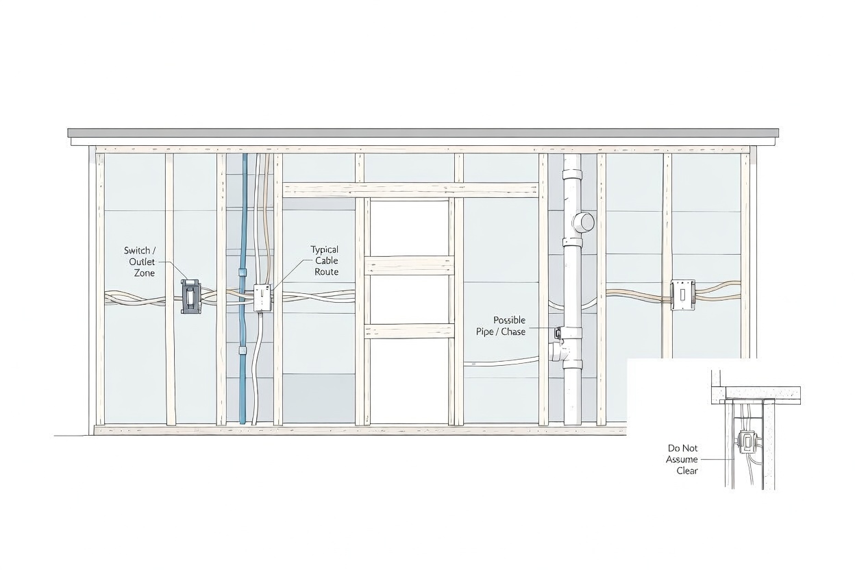 Open wall safety diagram showing framing, wiring, plumbing, and hidden service paths before cutting.