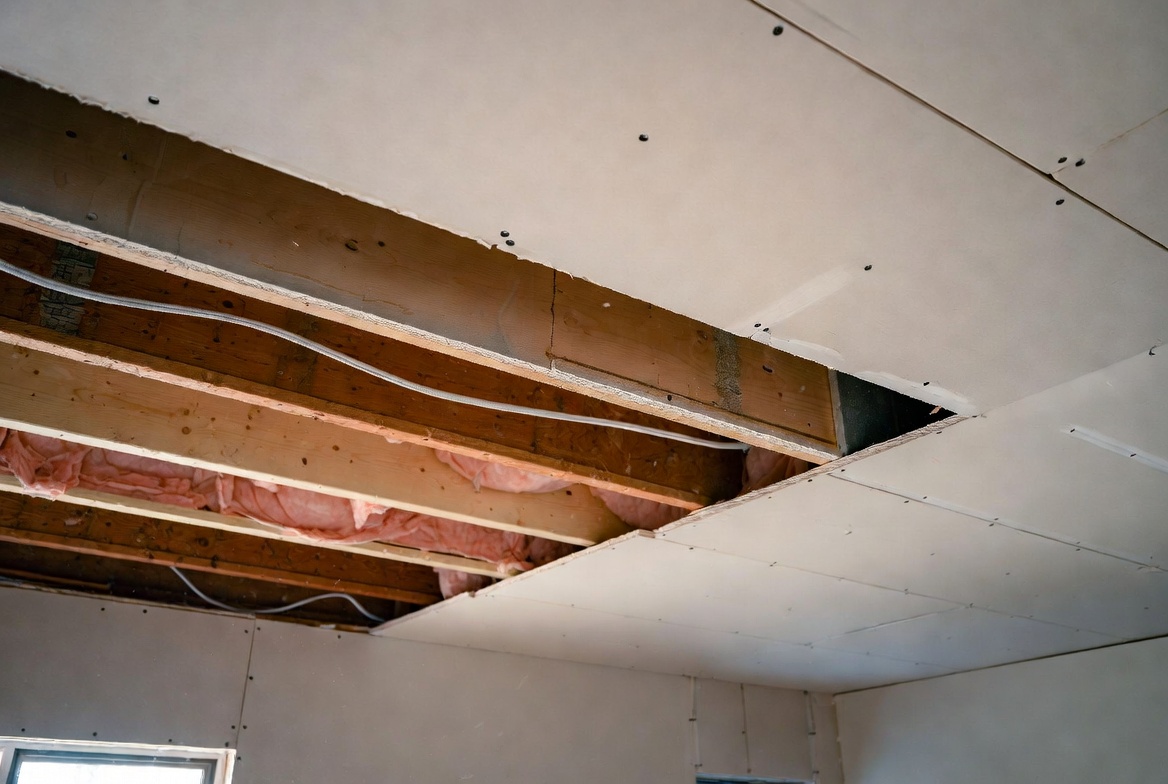 Opened drywall ceiling showing joists, wiring, and insulation in a residential room.