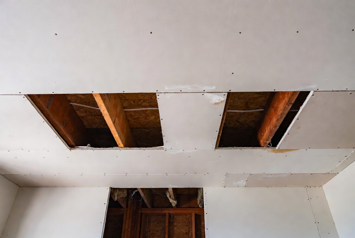 Opened drywall ceiling showing framing cavities and service access.