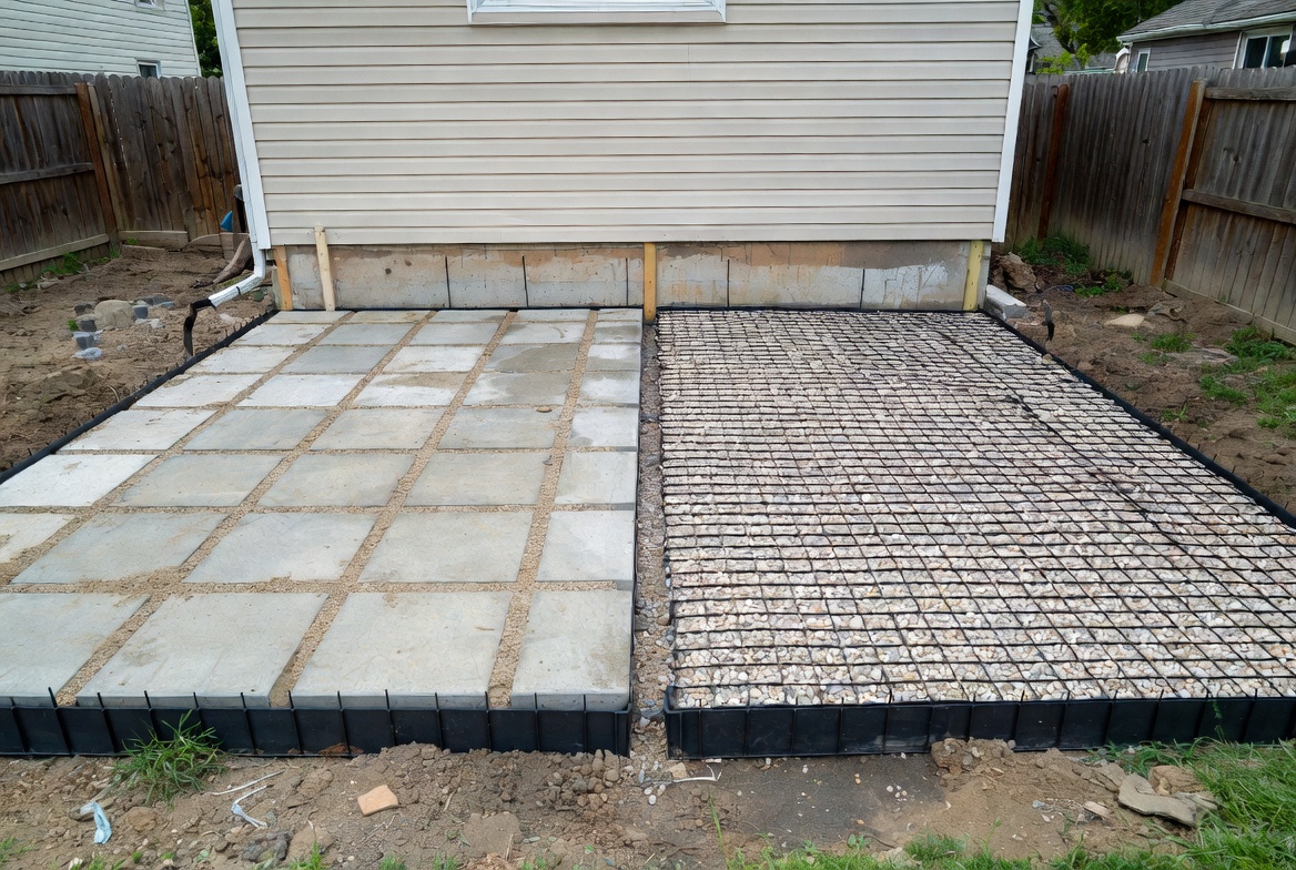 Permeable pavers and a gravel grid surface installed side by side as slab alternatives.