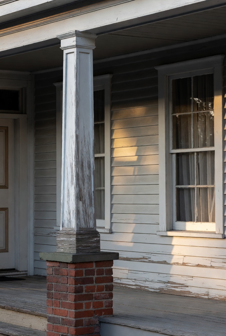 Worn porch post on a 1910s house with peeling paint, brick base, and clapboard siding.
