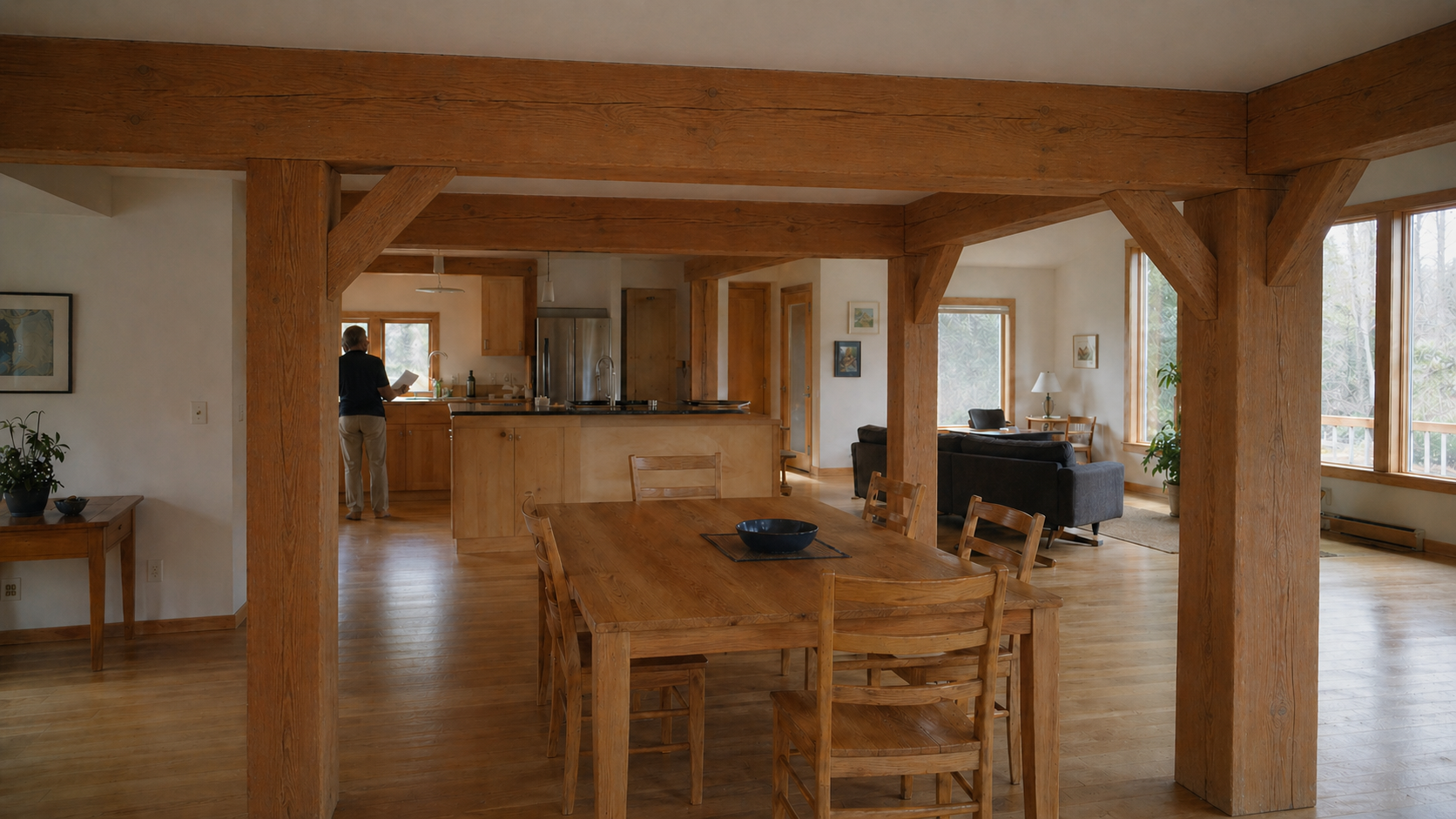 Post-and-beam home interior with exposed timber posts, beams, knee braces, and an open dining and living area.