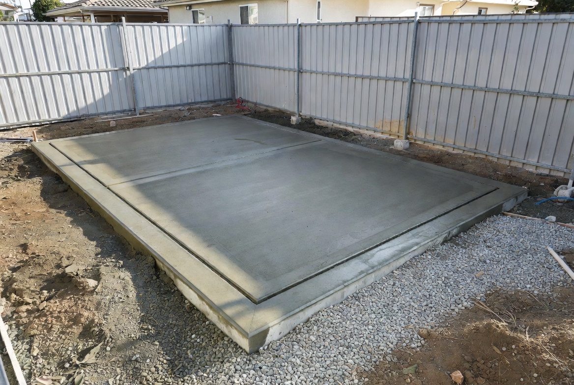 Poured concrete slab on grade prepared for a shed, garage, or other structural floor use.