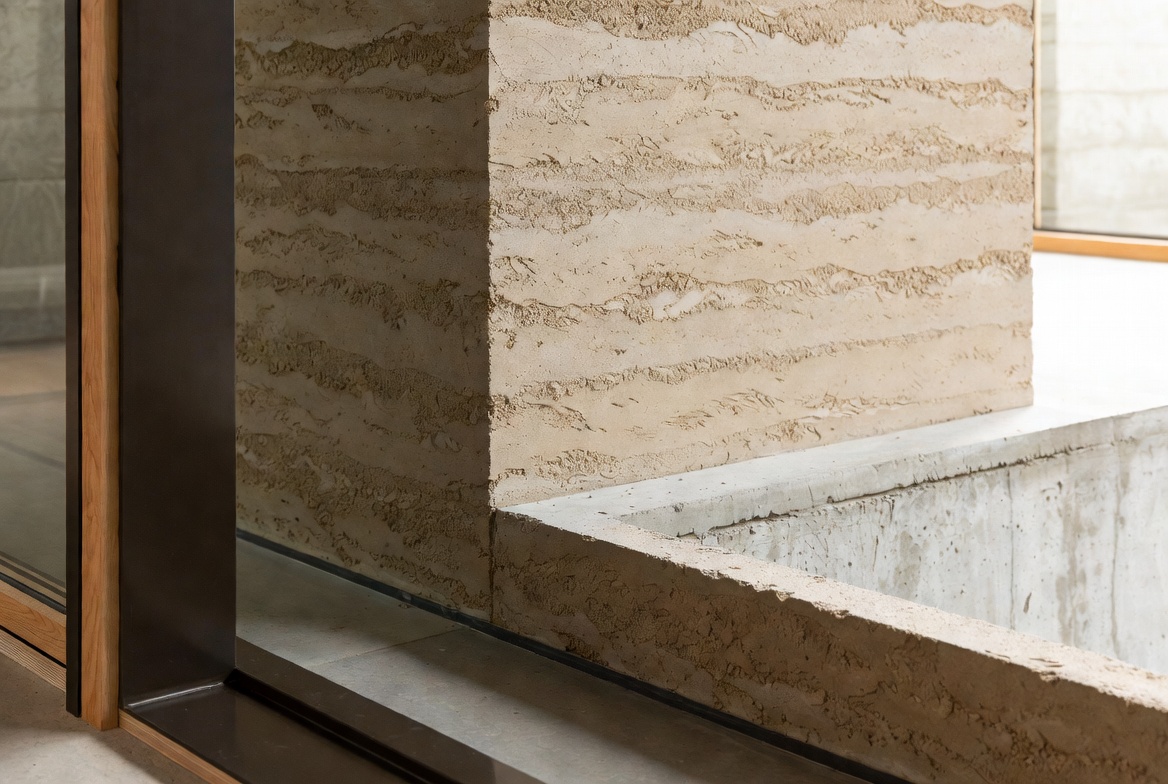 Rammed earth wall corner showing wall thickness above a concrete base.