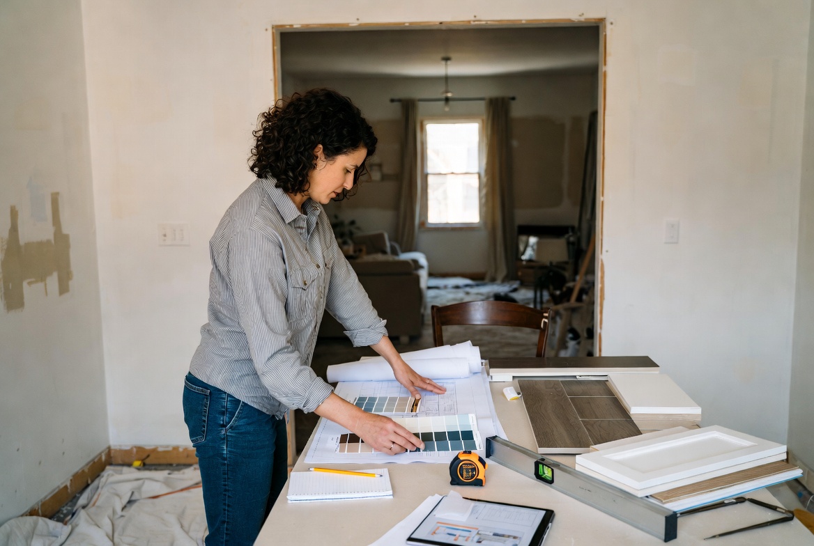 Homeowner reviewing remodeling plans and material samples in a partially renovated room.