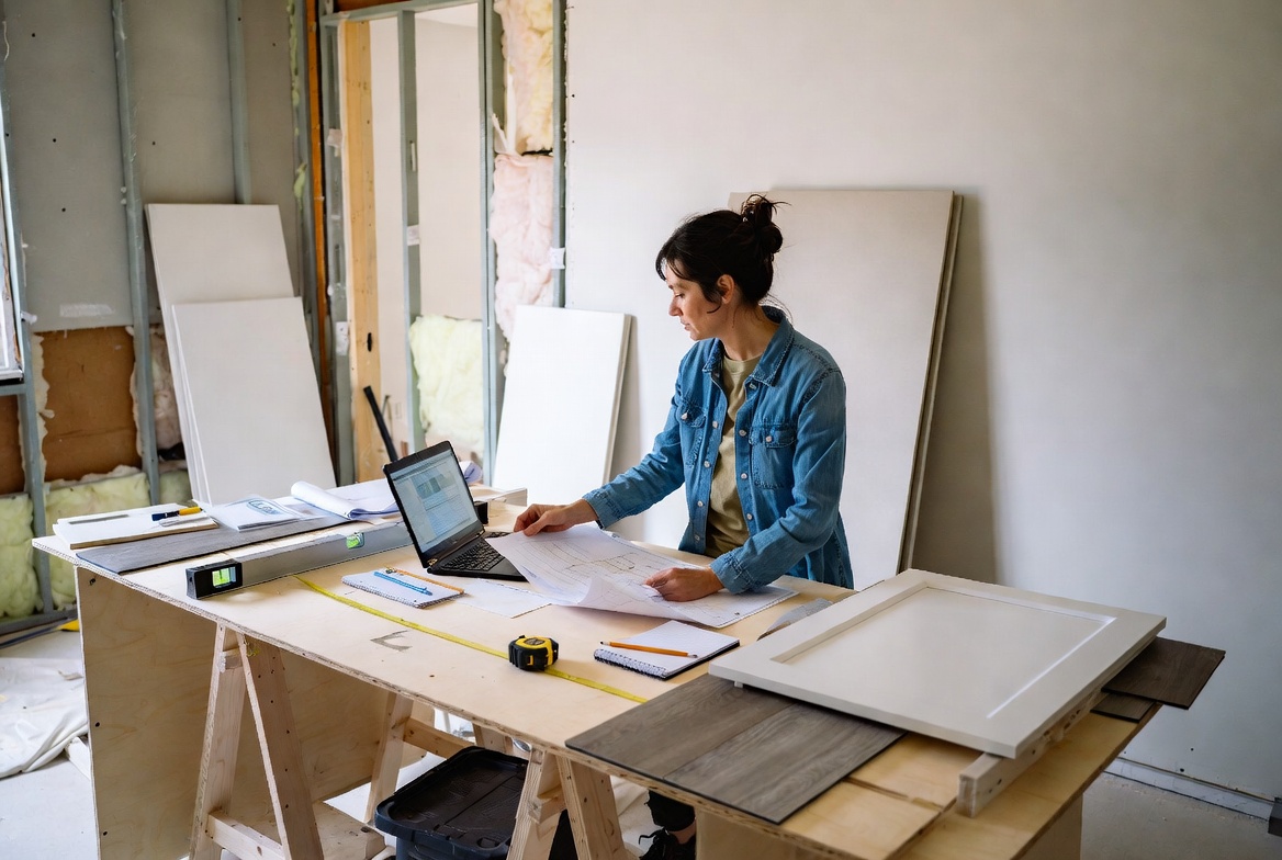 Homeowner studying renovation plans at a temporary worktable in a stripped interior room.