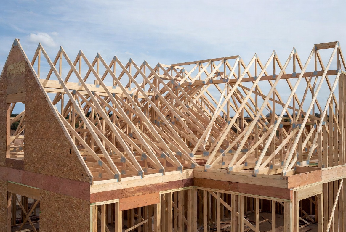 Residential roof trusses under construction with sloped framing and open sky above.
