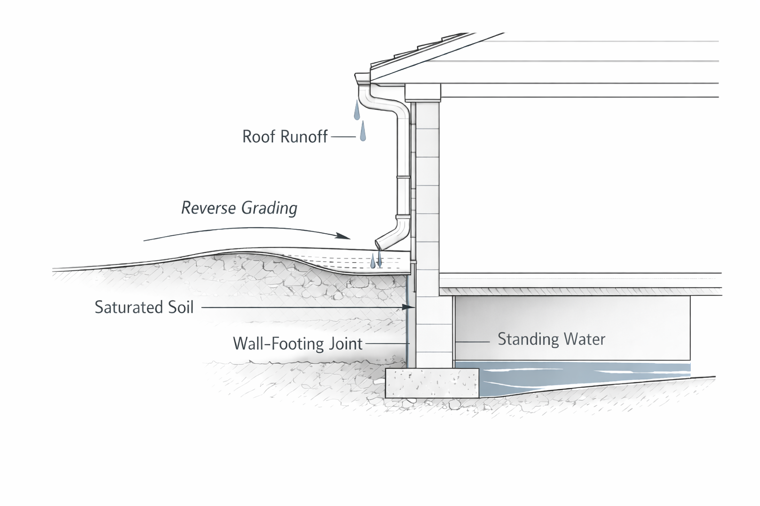 Reverse grading at a foundation causing water entry into a crawl space after rain.
