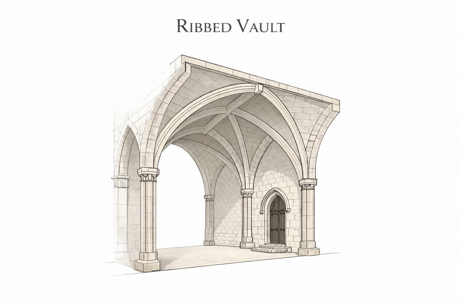 Ribbed vault diagram showing intersecting vault ribs springing from clustered columns.