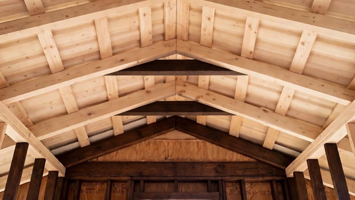 Exposed vaulted roof framing with high collar ties between opposing rafters.