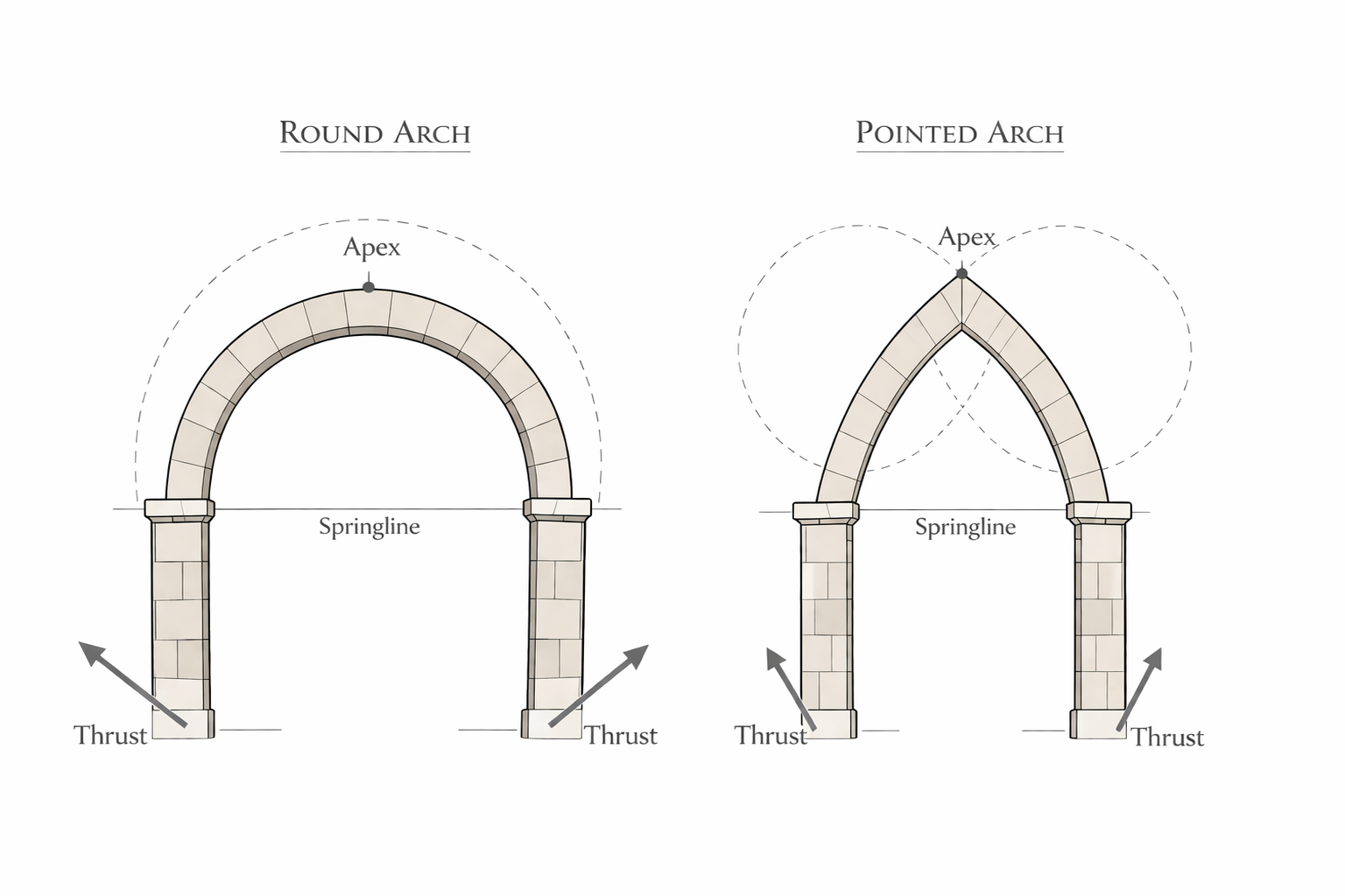 Comparison of round and pointed arch geometry showing apex, springline, and thrust.