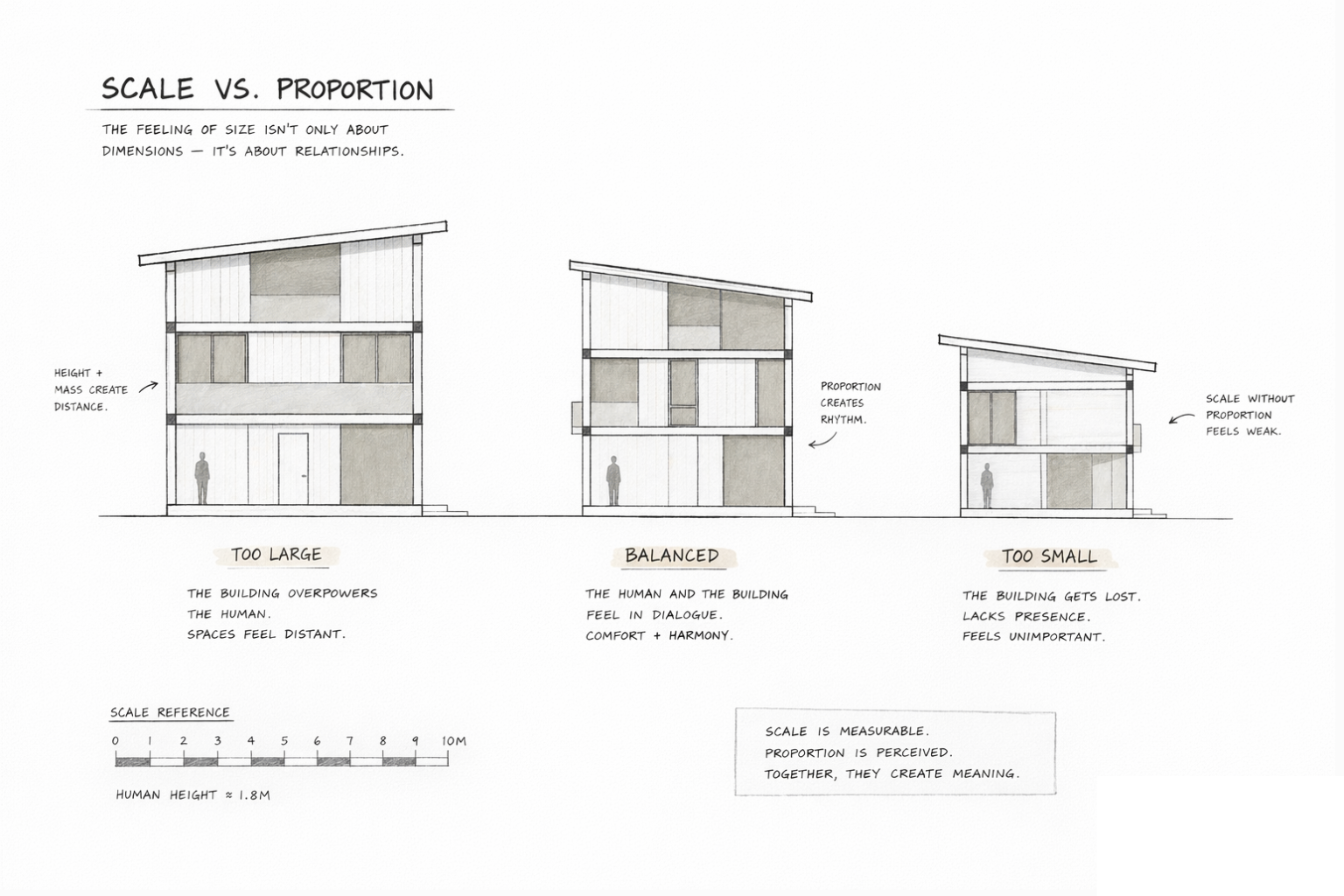 Architectural diagram comparing oversized, balanced, and underscaled building proportions.