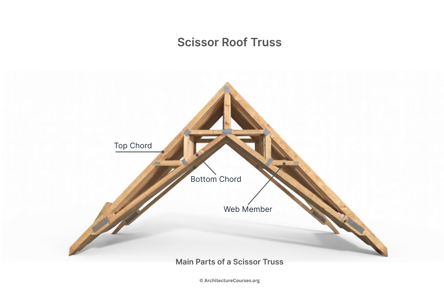 Scissor roof truss diagram showing top chord, bottom chord, and web member.