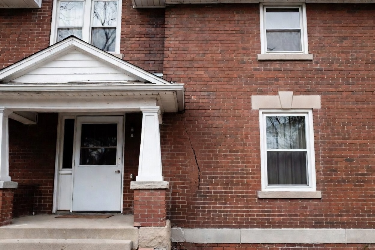 Brick house exterior with a diagonal settlement crack running toward the foundation.