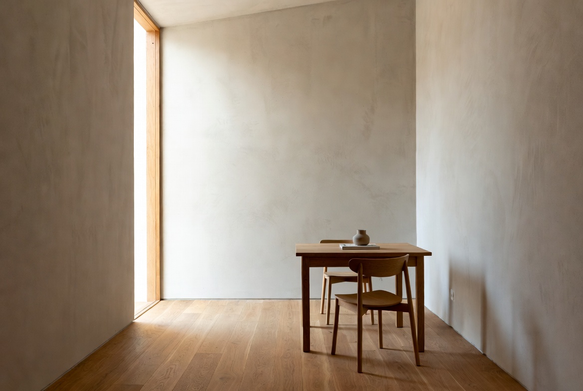 Minimal interior render with plaster walls, wood floor, narrow window, and simple table and chair.