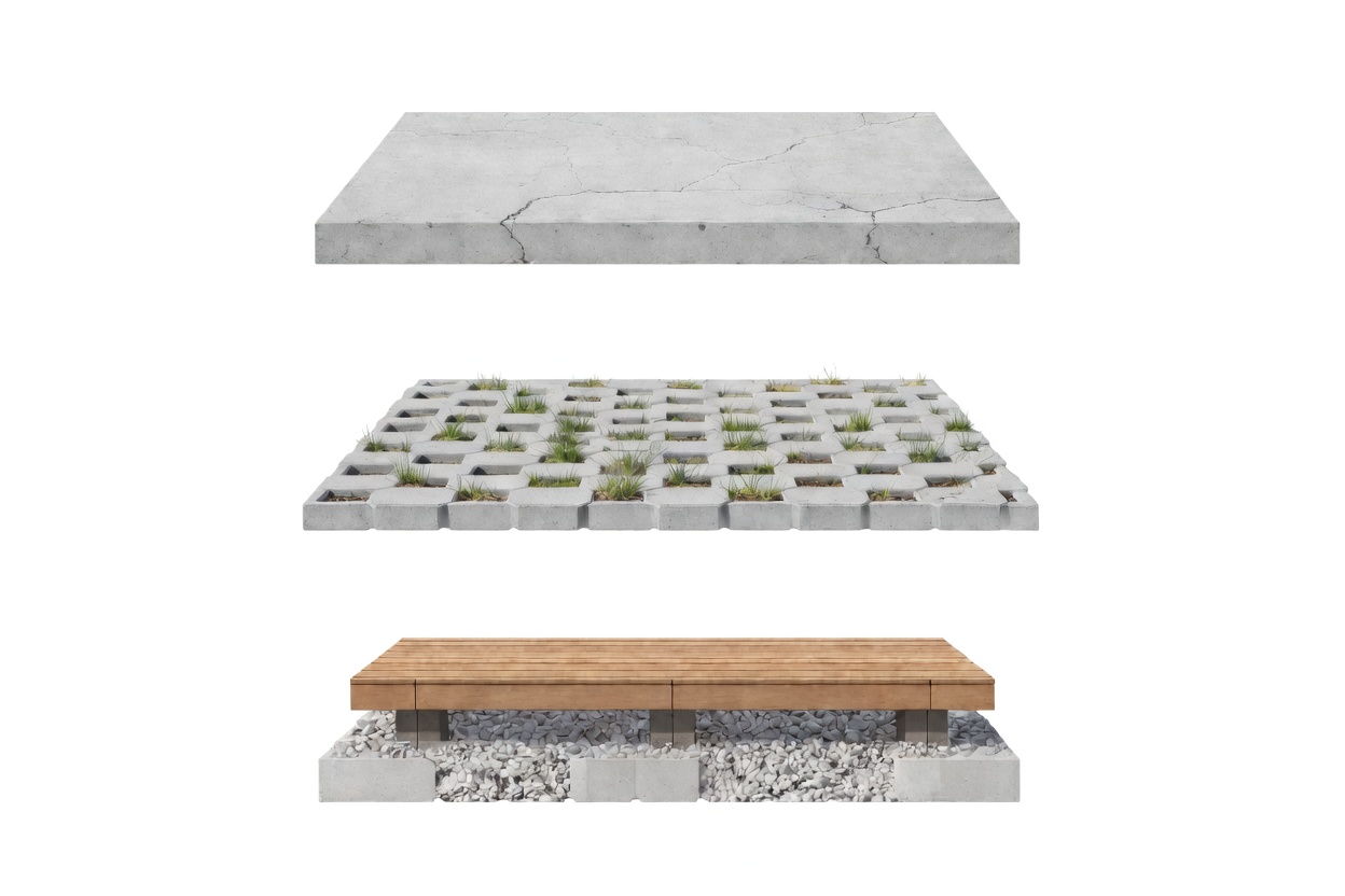 Comparison of concrete slab, permeable grid pavers, and a raised timber platform as slab alternatives.
