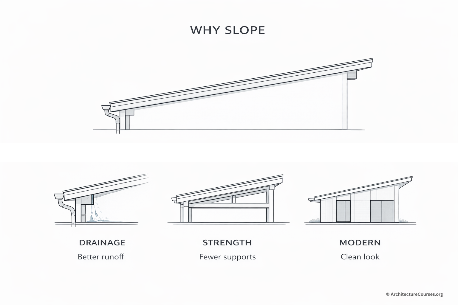 Sloped roof benefits diagram showing drainage, strength, and modern design advantages.