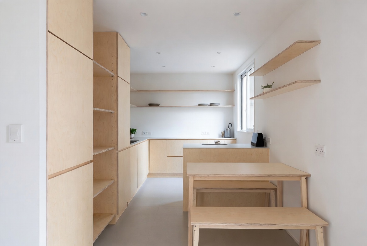 Small minimalist kitchen with pale wood built-ins, floating shelves, and a compact dining table.