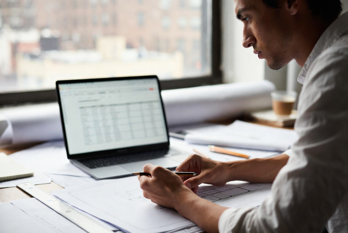 Architecture worker reviewing drawings beside a laptop with a blurred spreadsheet on screen.