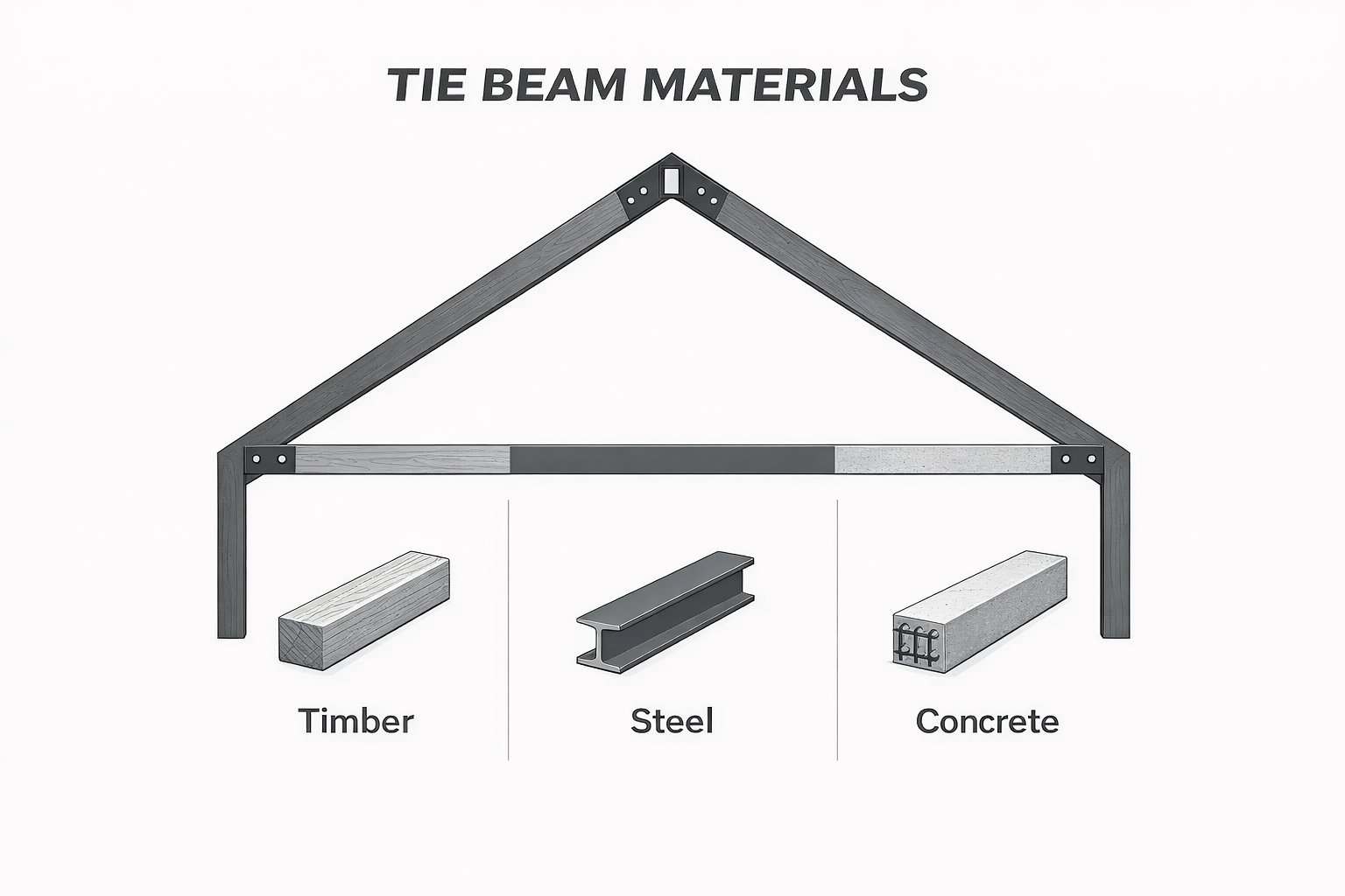 Tie beam materials diagram showing timber, steel, and concrete in a roof framing example.