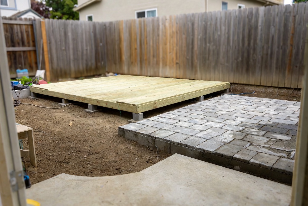 Raised timber platform beside permeable pavers as affordable alternatives to a concrete slab.