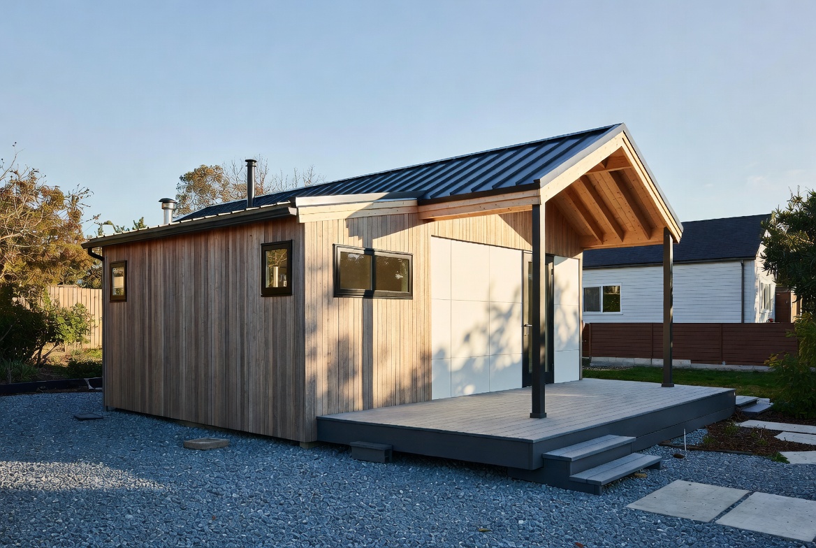 Small timber tiny home with a covered porch and metal roof.
