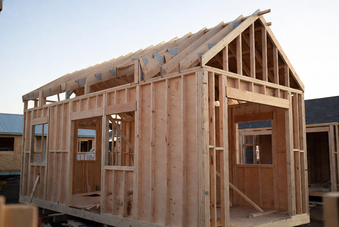 Tiny home wood framing under construction with roof framing and wall studs visible.