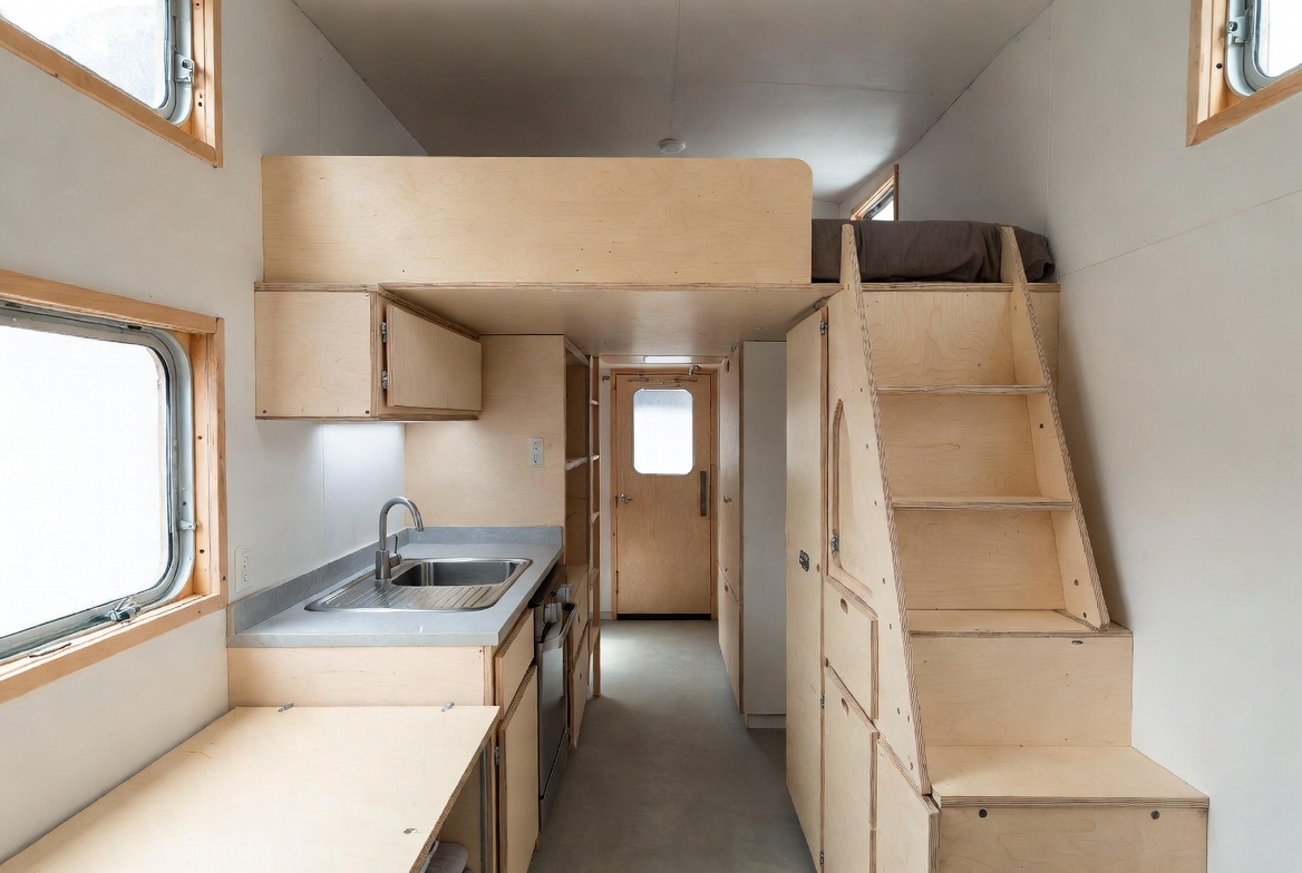 Tiny home interior with loft bed, stair storage, kitchenette, and dining bench.