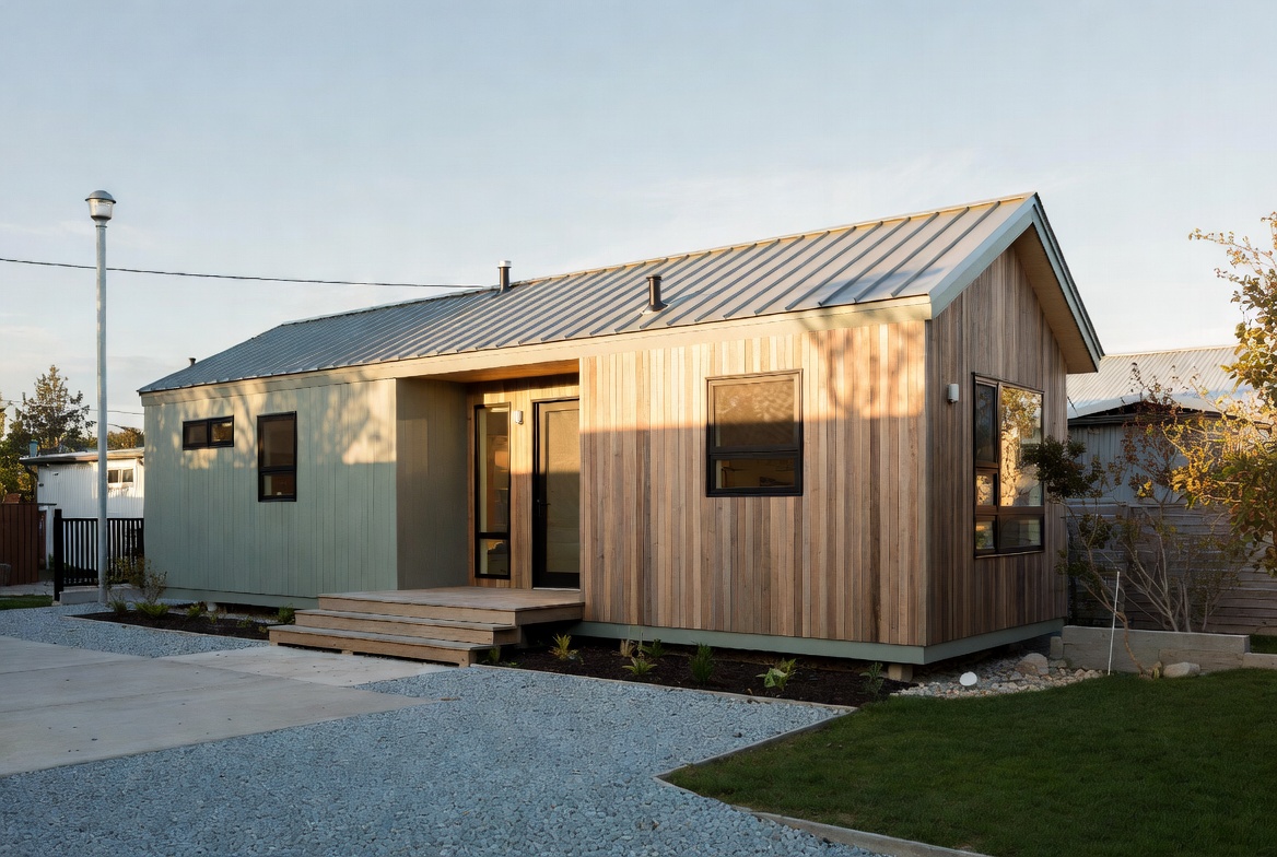 Compact tiny home with timber cladding, small porch, and metal roof.