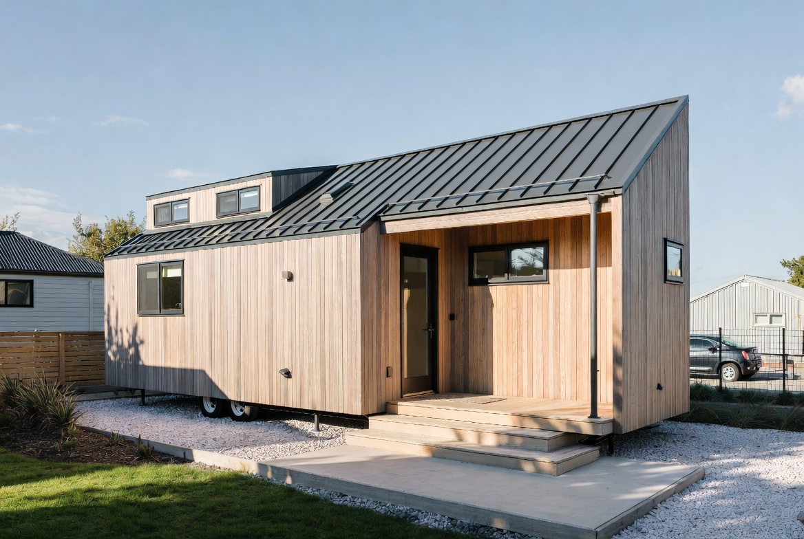 Tiny home on wheels with timber cladding, dormer loft, and small porch.