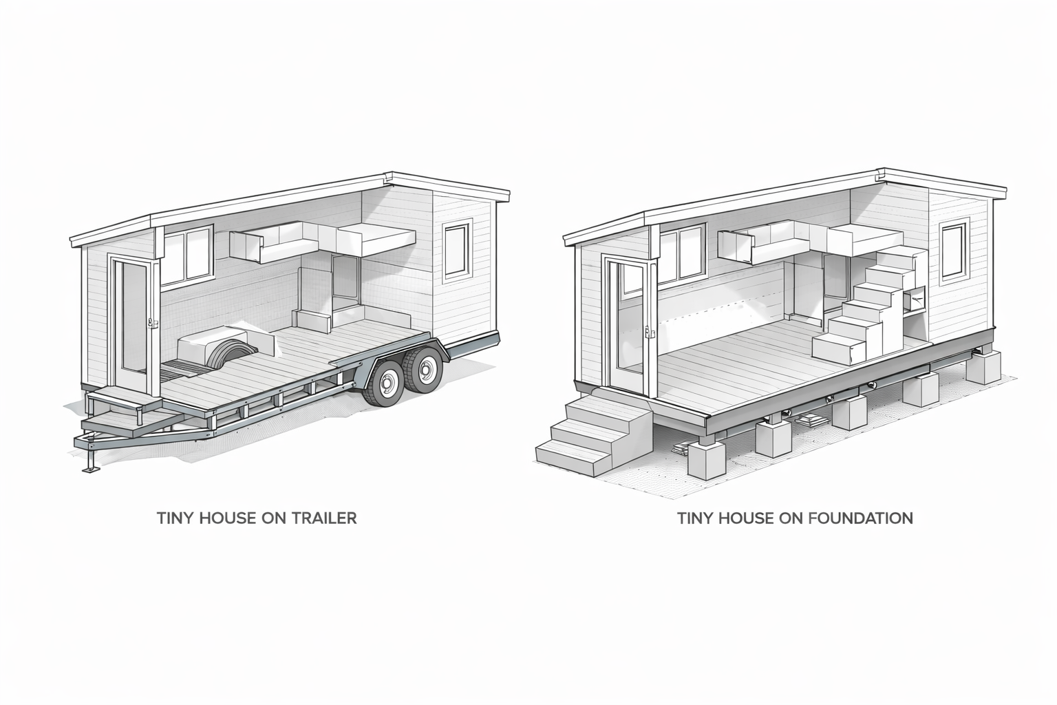 Tiny house comparison showing trailer chassis limits versus permanent foundation floor depth and access.