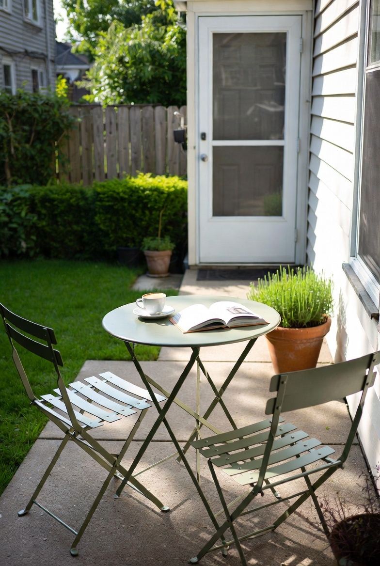 Tiny patio with a small bistro table and two chairs set up as a simple outdoor coffee spot.