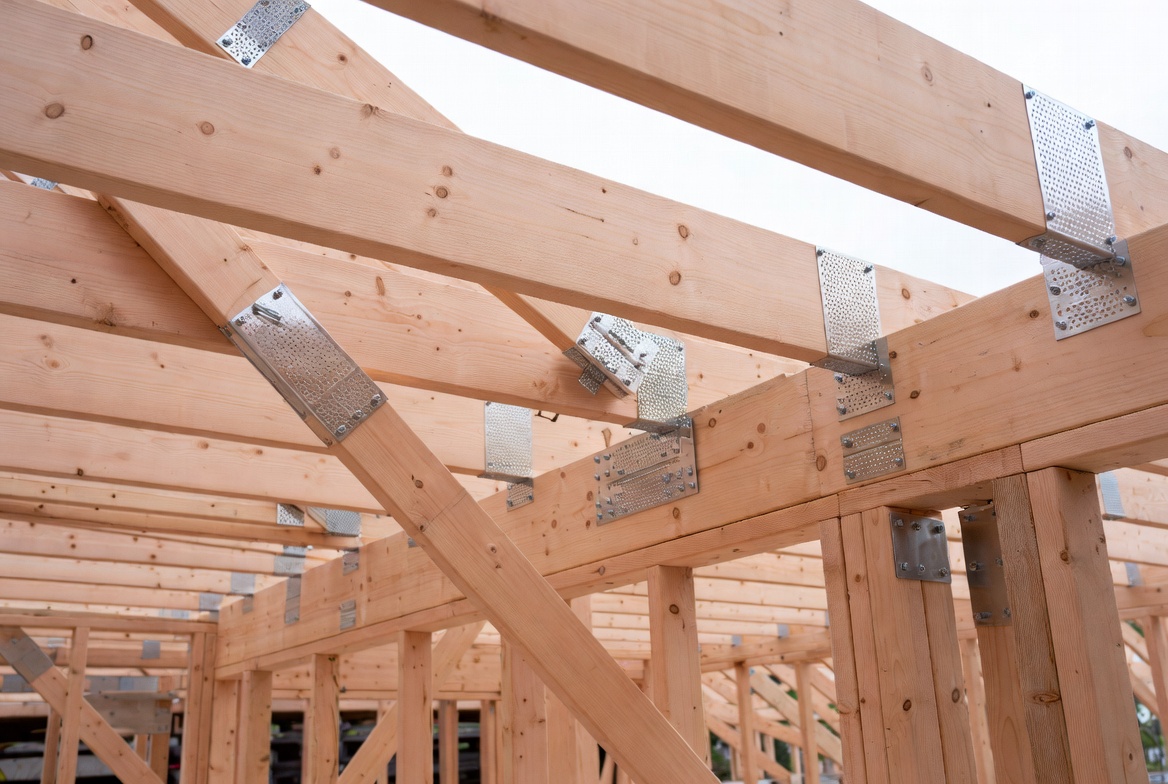 Metal connector plates and brackets fastening timber roof truss members during framing.