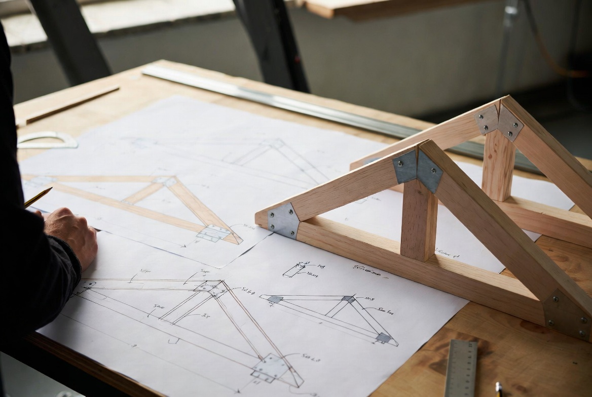 Wood truss model with connection sketches and roof framing drawings on a design table.